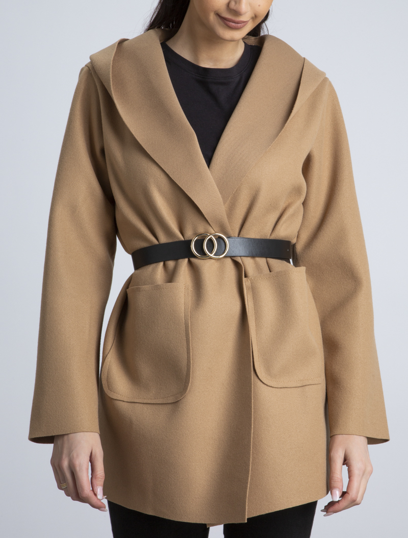 manteau �� capuche et ceinture simili - beige - femme -