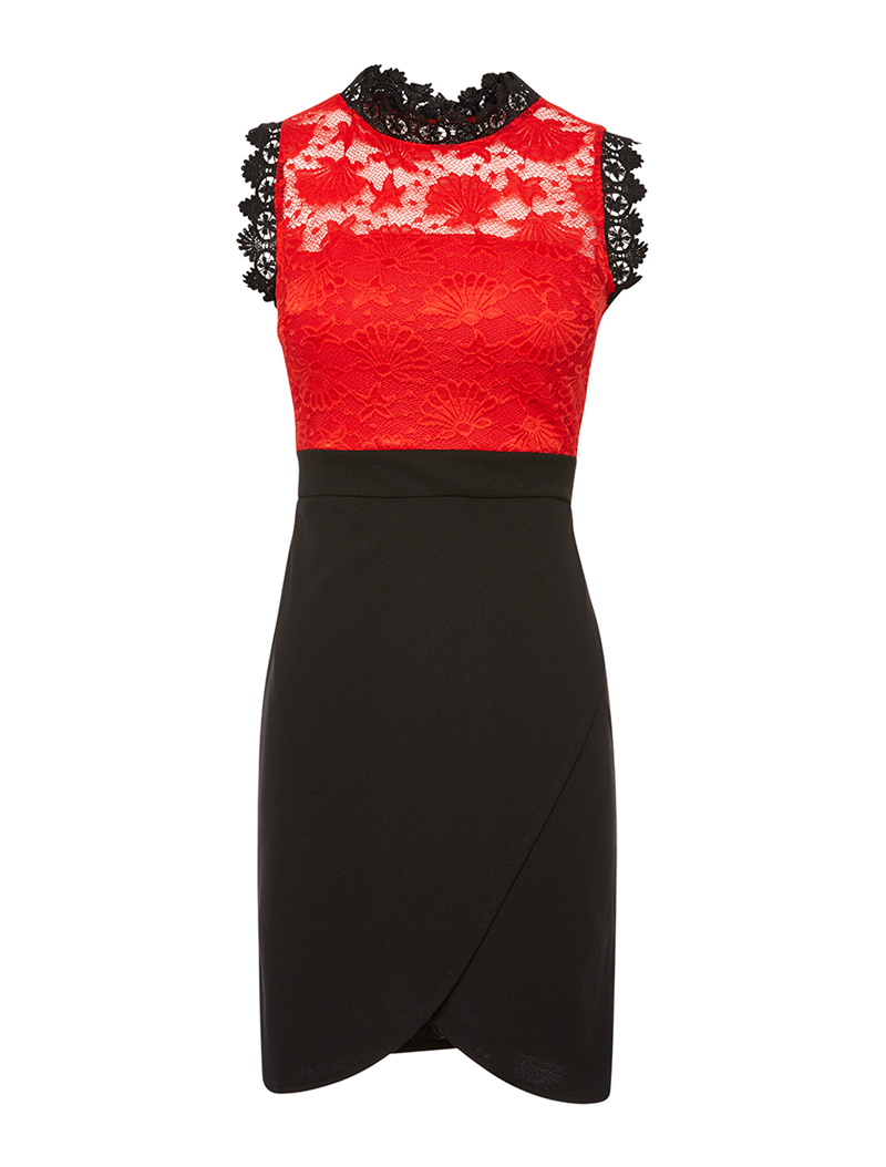 robe portefeuille buste dentelle - rouge/noir - femme -