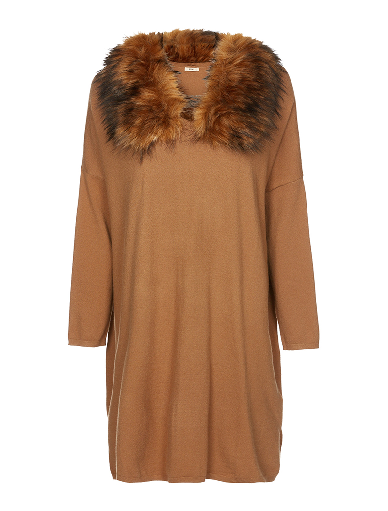 robe-pull col v fausse fourrure - choco - femme -