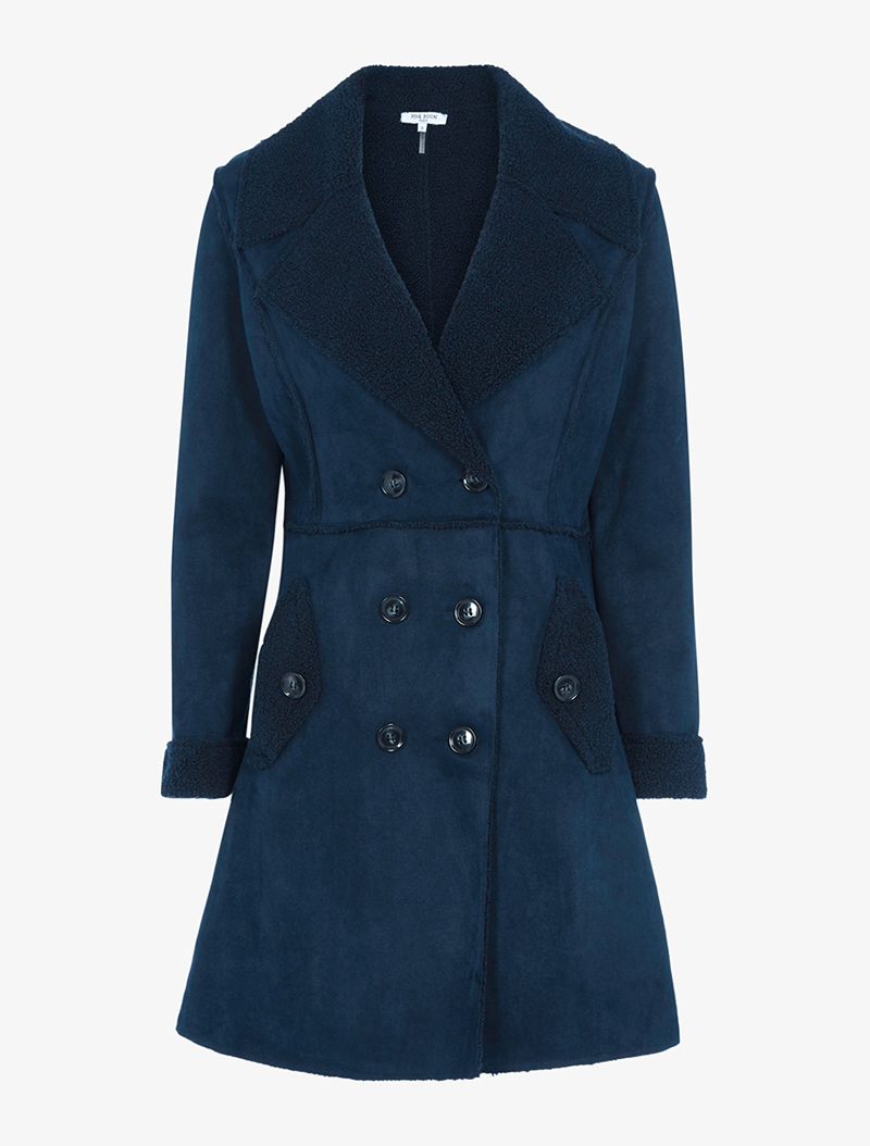 manteau effet daim �� col crant�� moumoute - bleu nuit - femme -