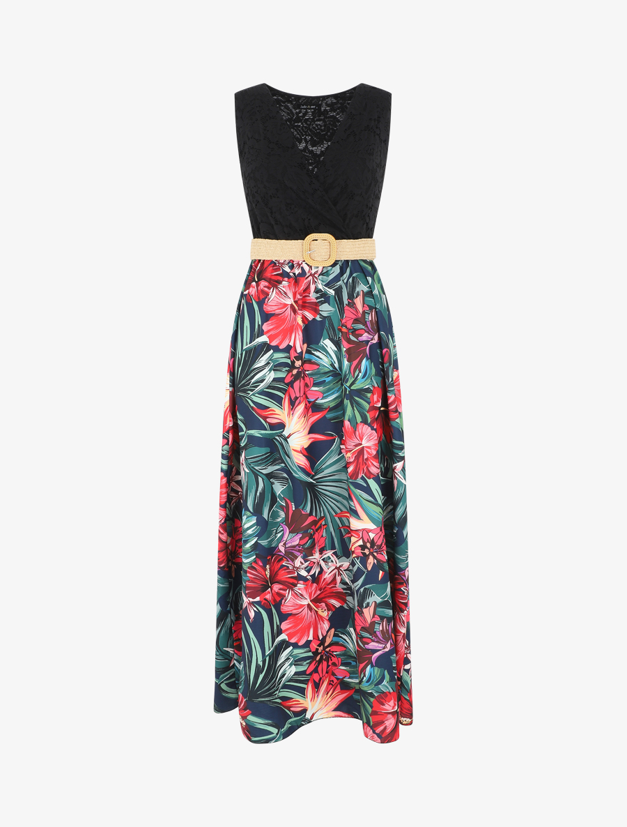 robe longue bicolore imprim�� fleurs tropicales - femme -