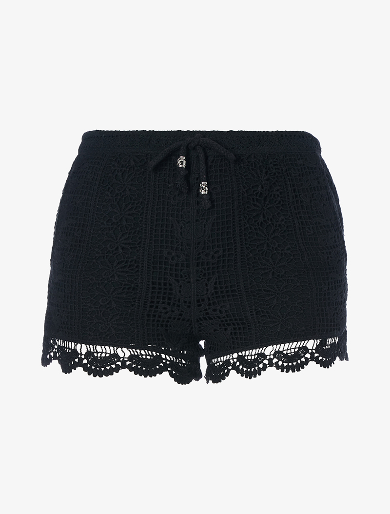 mini-short en crochet motif fleuri - noir - femme -