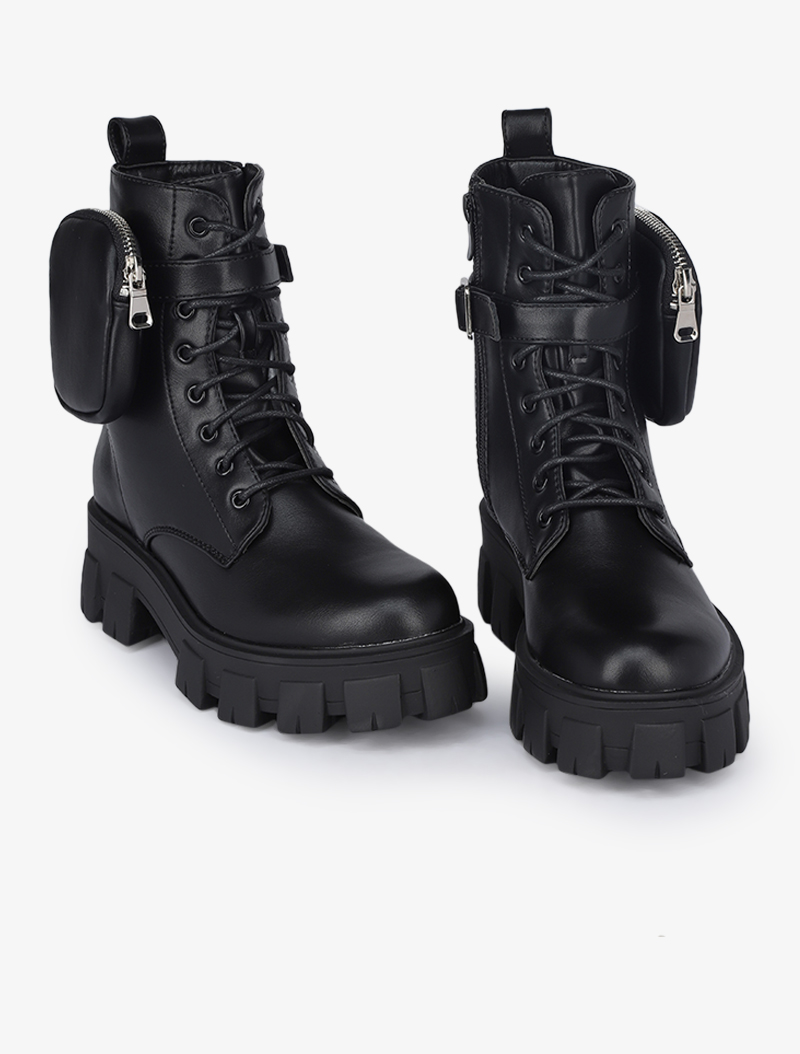 boots style rangers �� sangle �� pochette zipp��e - noir - femme -