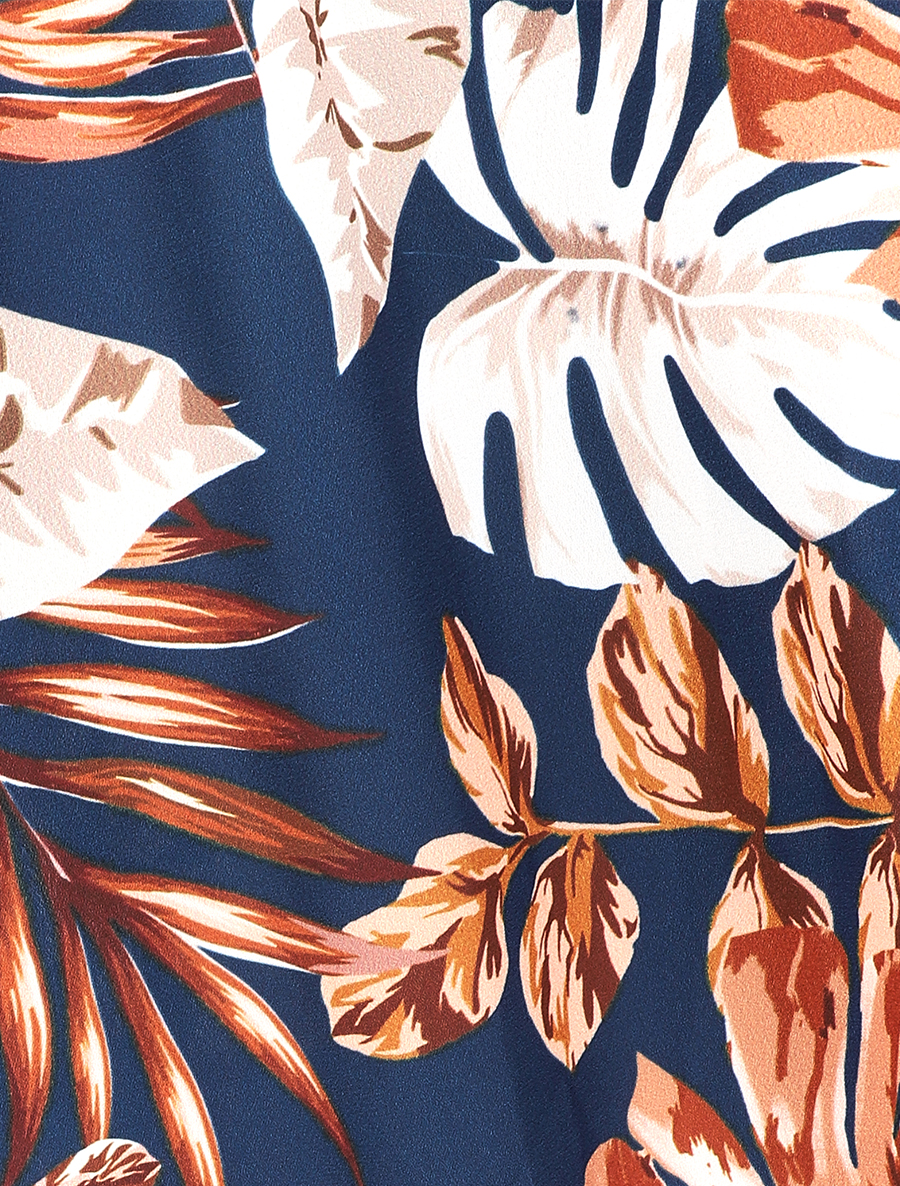 Robe longue à taille empire et imprimé feuilles tropicales - marine