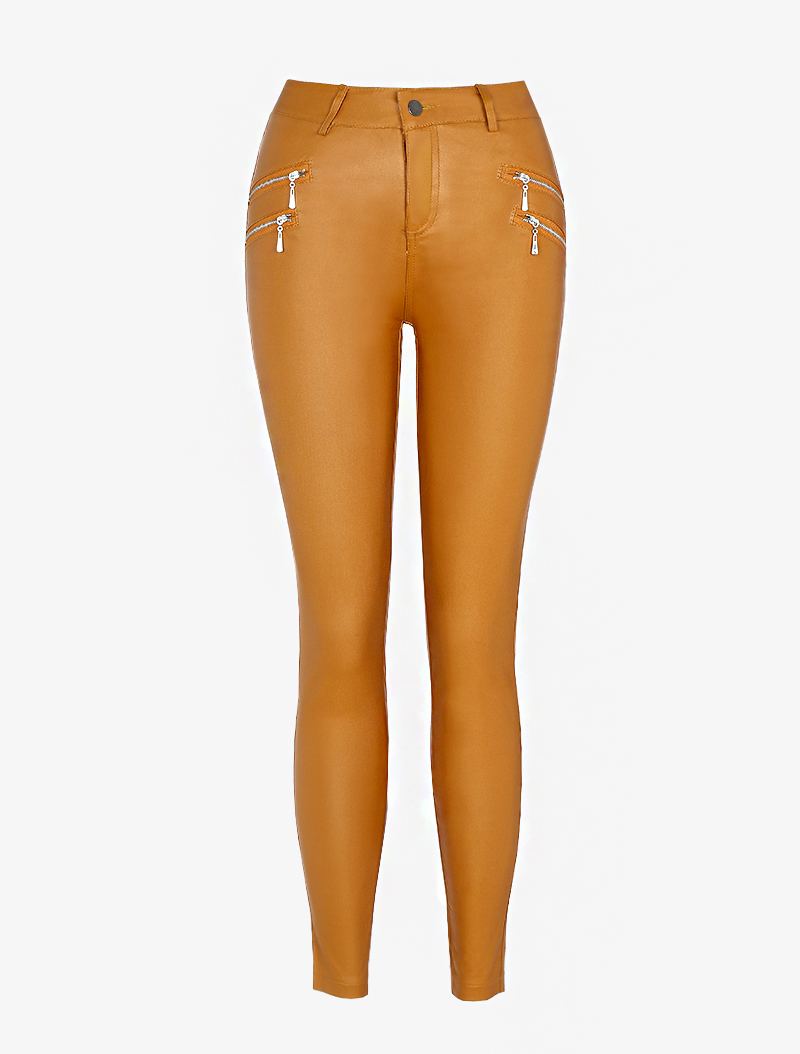 jean enduit �� zips - orange - femme -