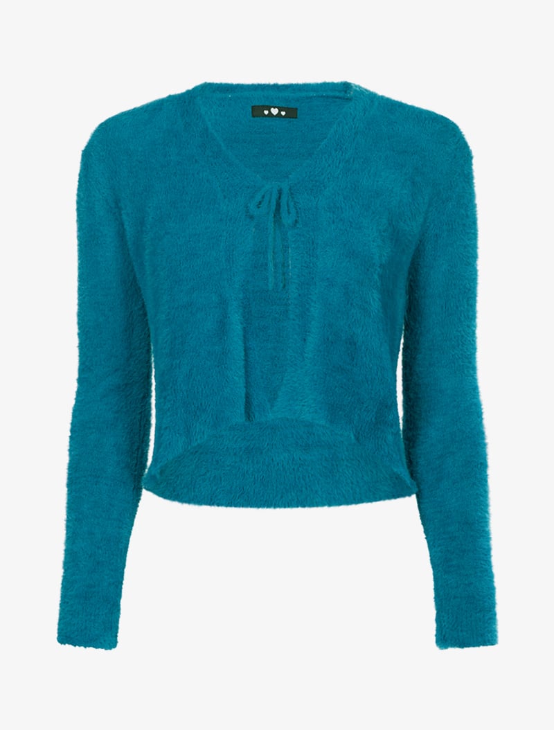 gilet court �� col �� nouer style angora - turquoise - femme -