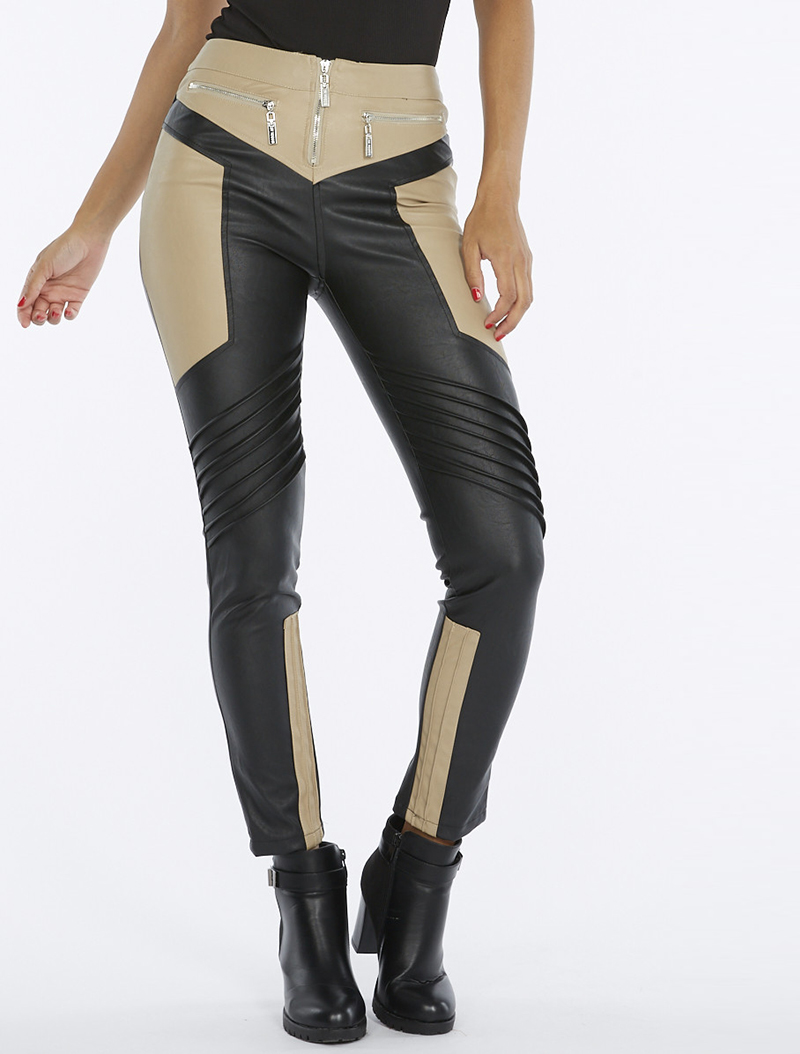 tregging style biker genoux pliss��s - beige/noir - femme -