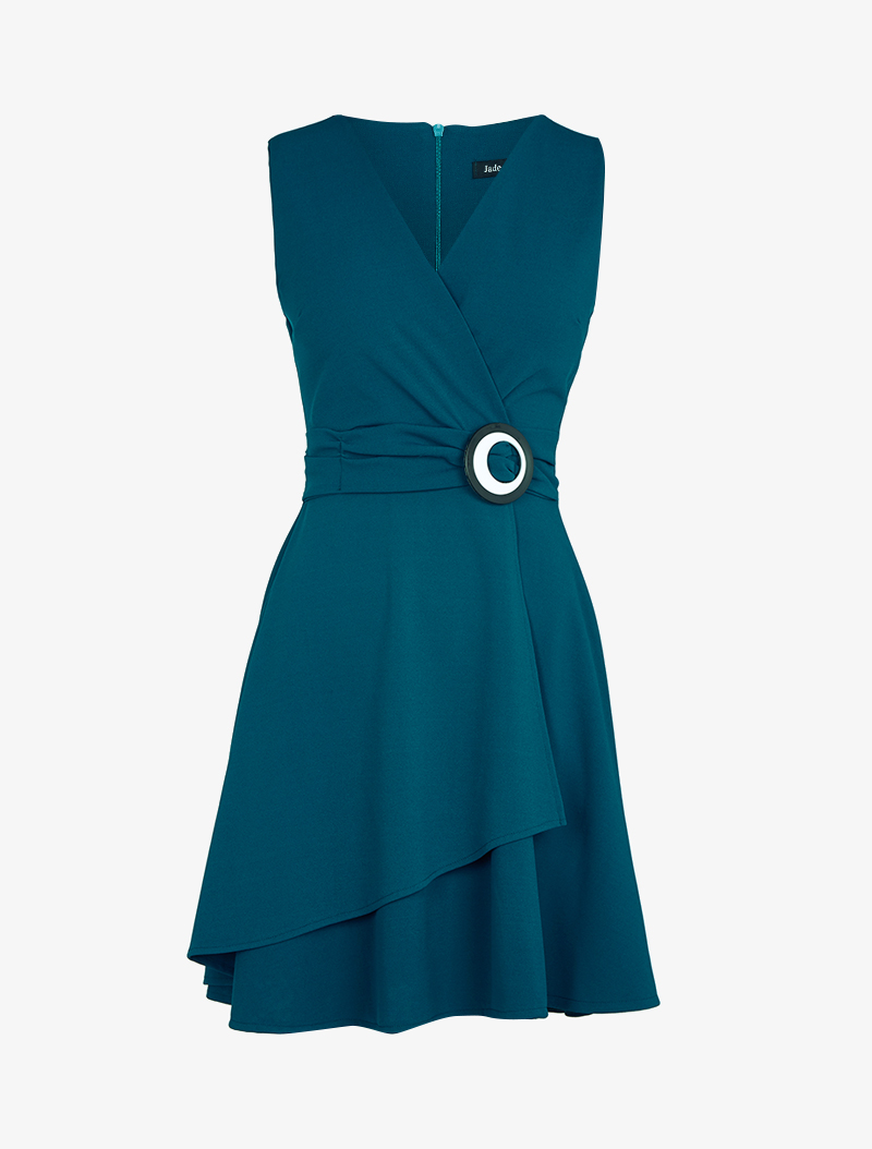 robe patineuse �� boucle contrastante - bleu p��trole - femme -