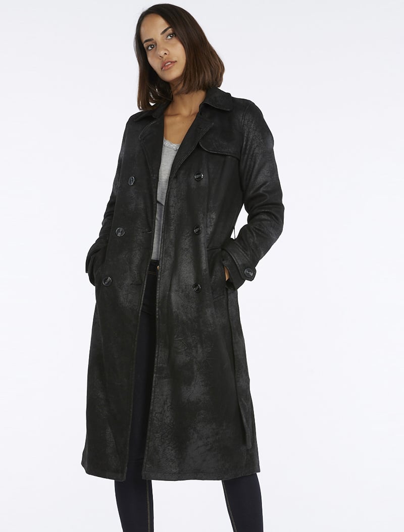 manteau long effet croute de cuir - noir - femme -