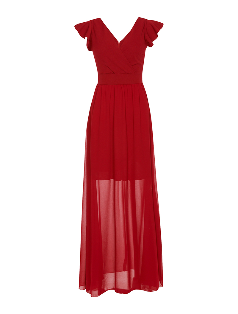 robe longue en voile ��paules volant��es - rouge - femme -