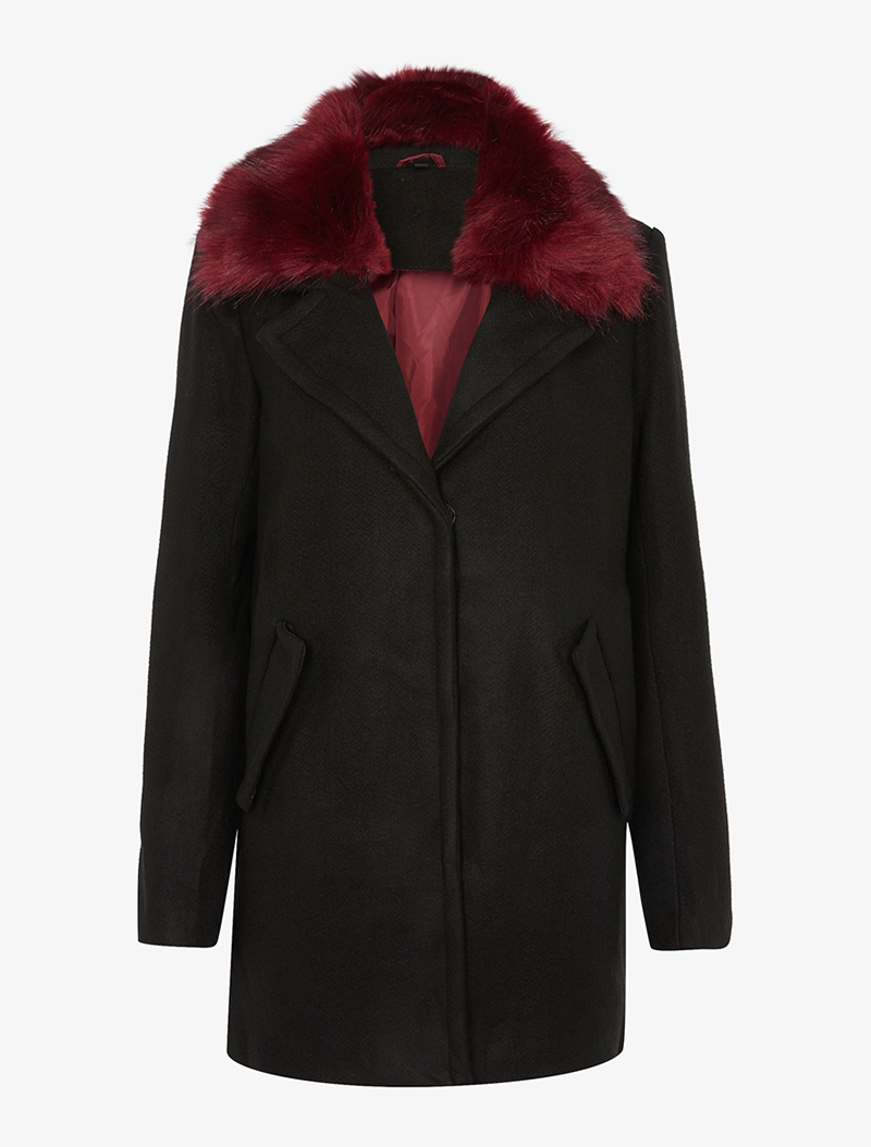 manteau �� col fourrure contrastant - noir/bordeaux - femme -