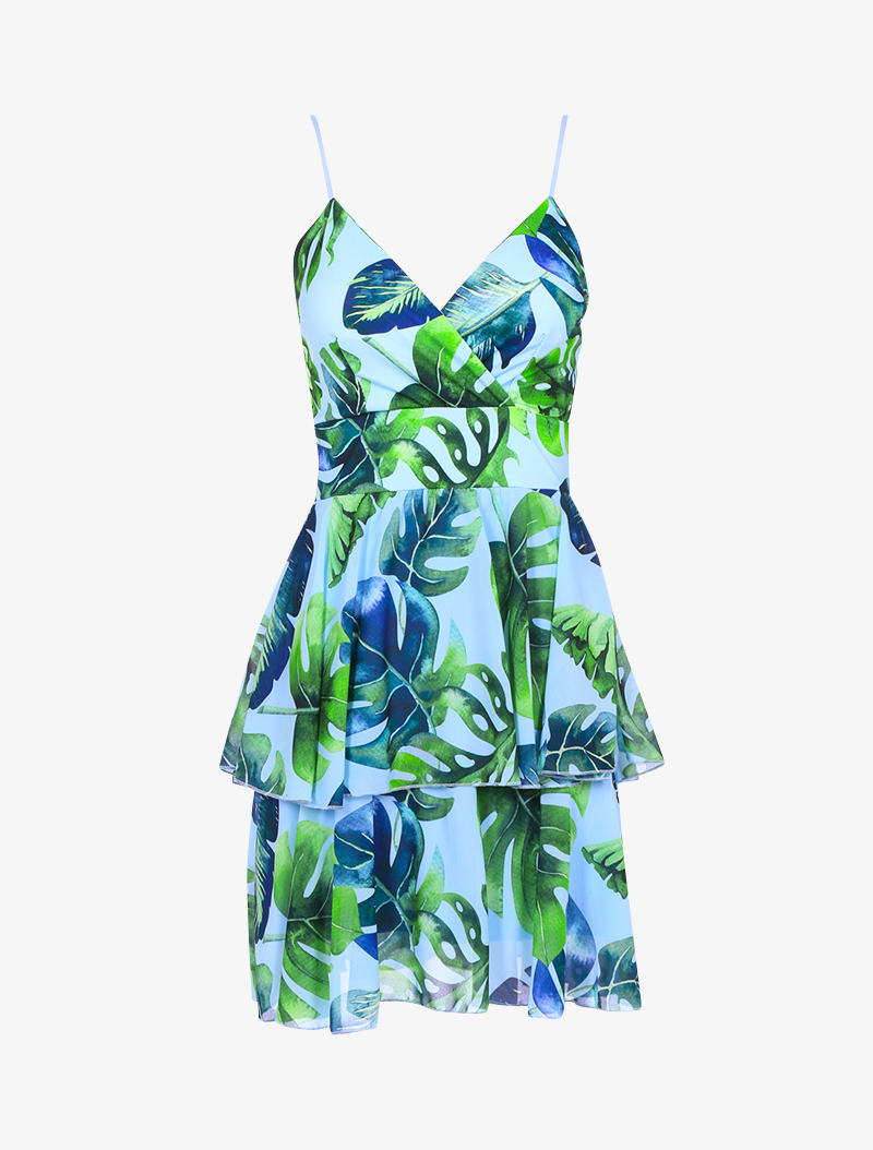 robe volant��e �� imprim�� tropical - bleu/vert - femme -