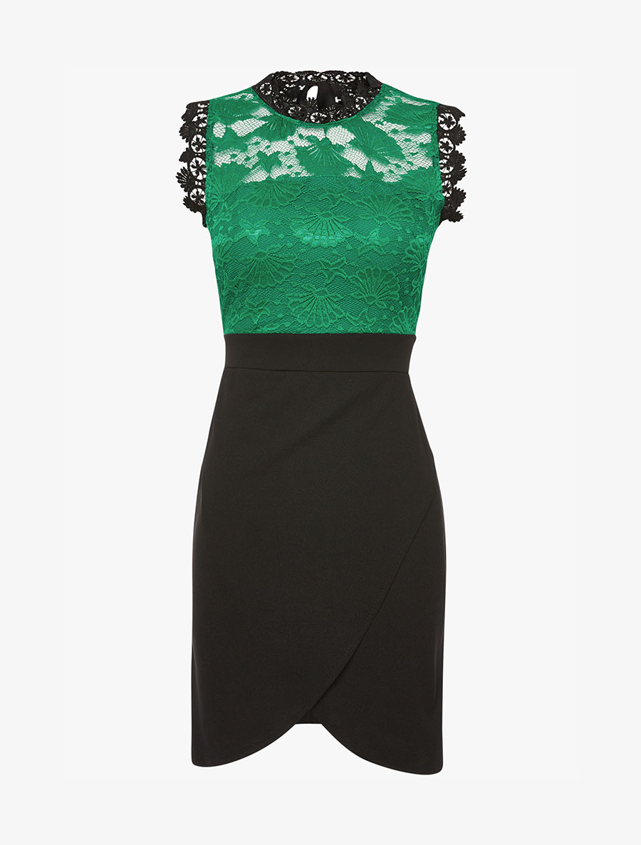robe portefeuille buste dentelle - vert/noir - femme -