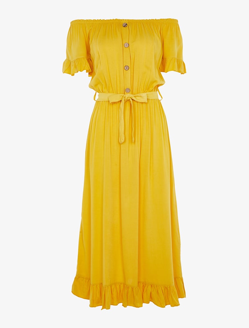 robe col bardot volant��e - jaune - femme -
