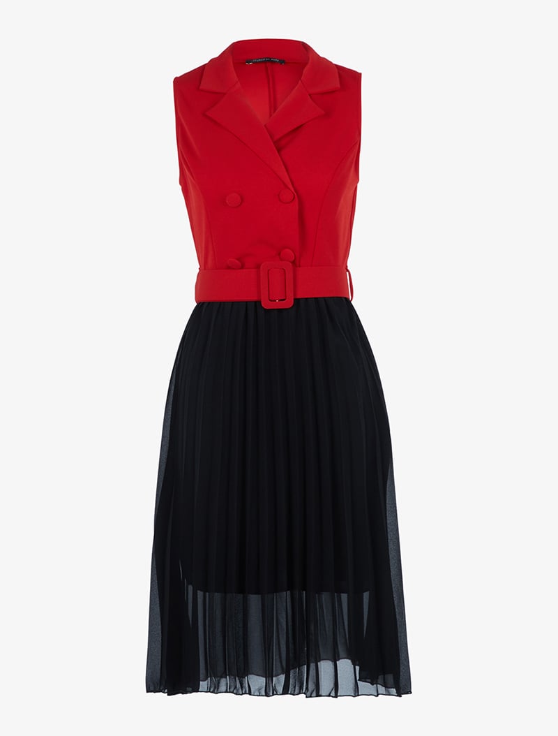 robe tailleur bas en voile pliss�� - rouge/noir - femme -