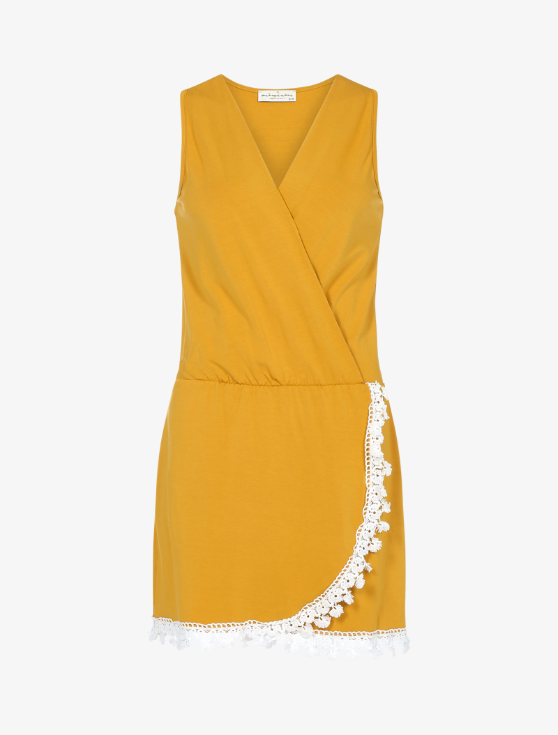 robe portefeuille �� bords en crochet - jaune - femme -