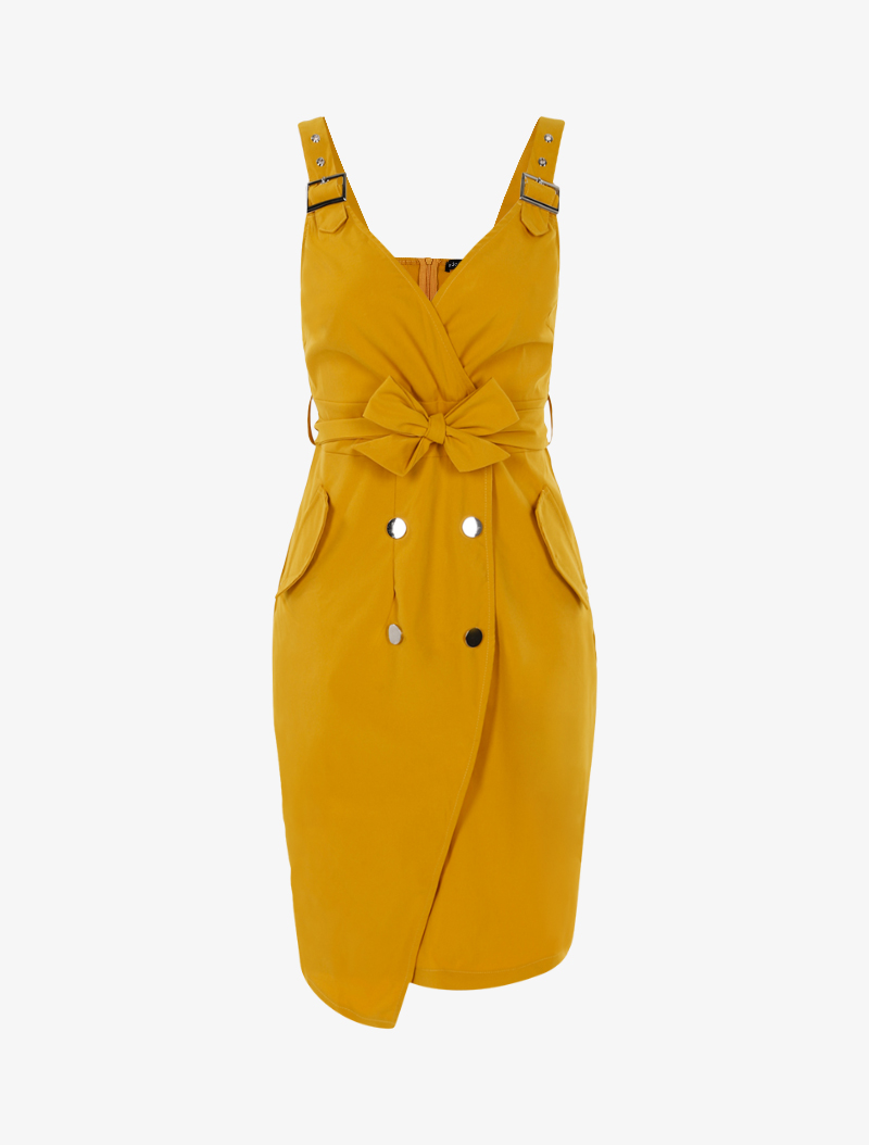 robe chasuble �� boutons d��coratifs - jaune - femme -