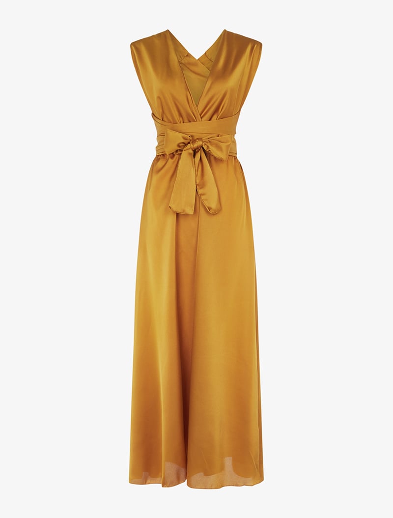 robe de cocktail satin��e �� longues bretelles - moutarde - femme -