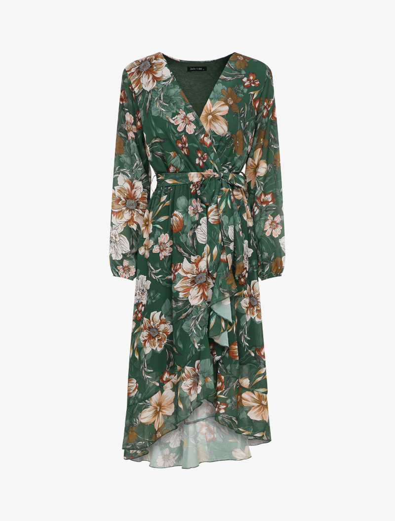 robe cache-coeur imprim�� orchid��es �� bords volant��s - vert ��meraude - femme -