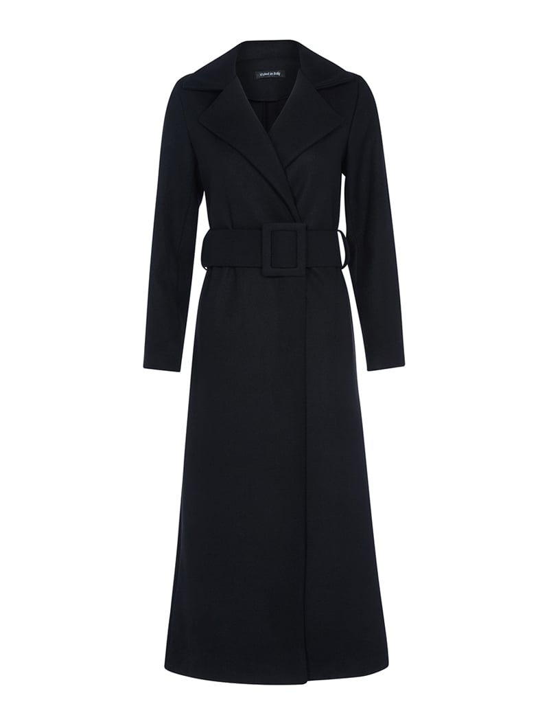 manteau long coupe droite avec ceinture - noir - femme -
