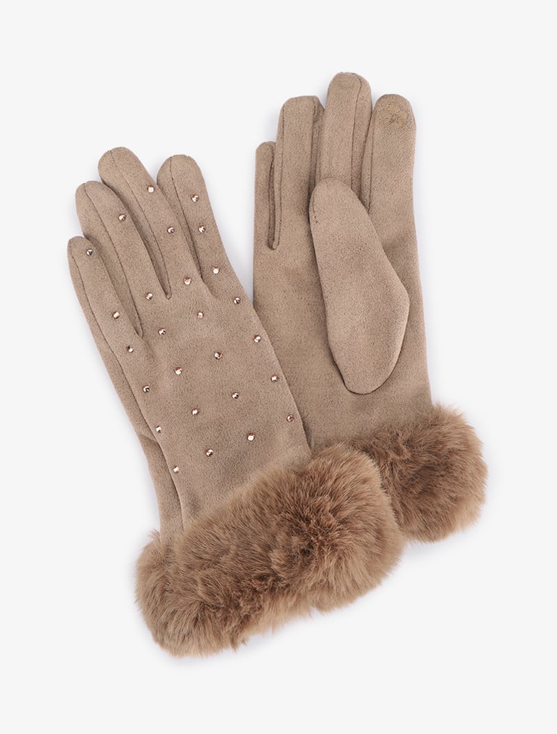 gants su��d��s tactiles �� bords fourrure - taupe - femme -