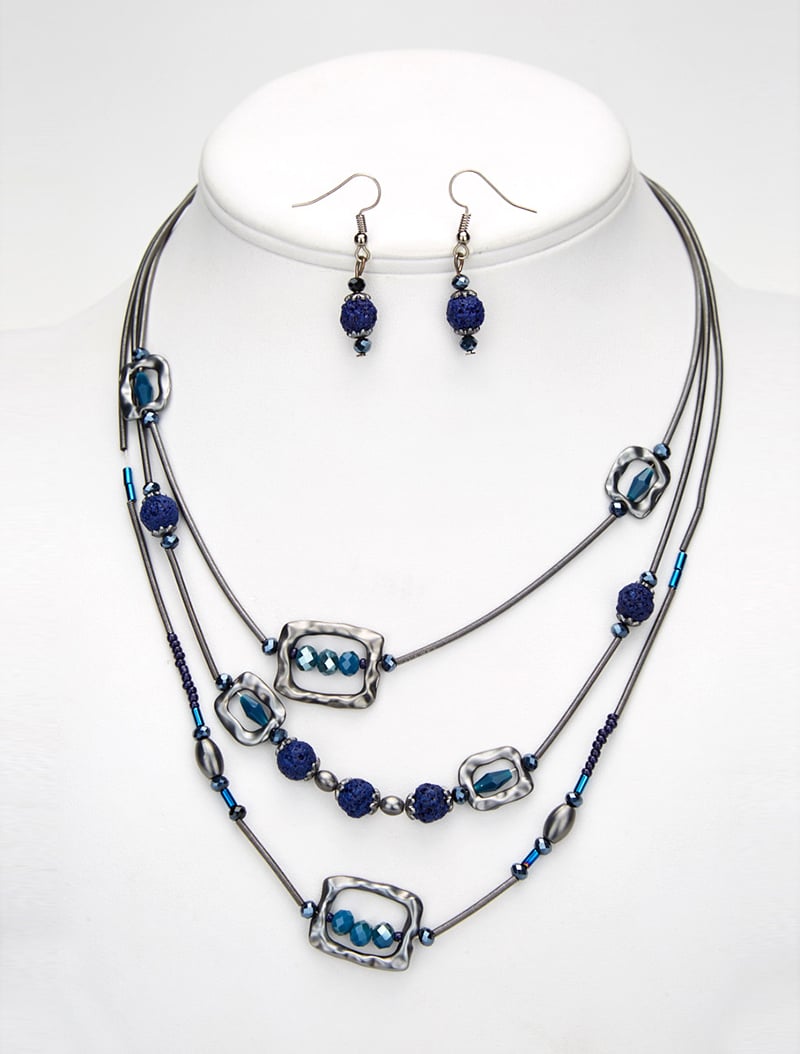 parure multi-rangs �� perles bleues - gunmetal - femme -